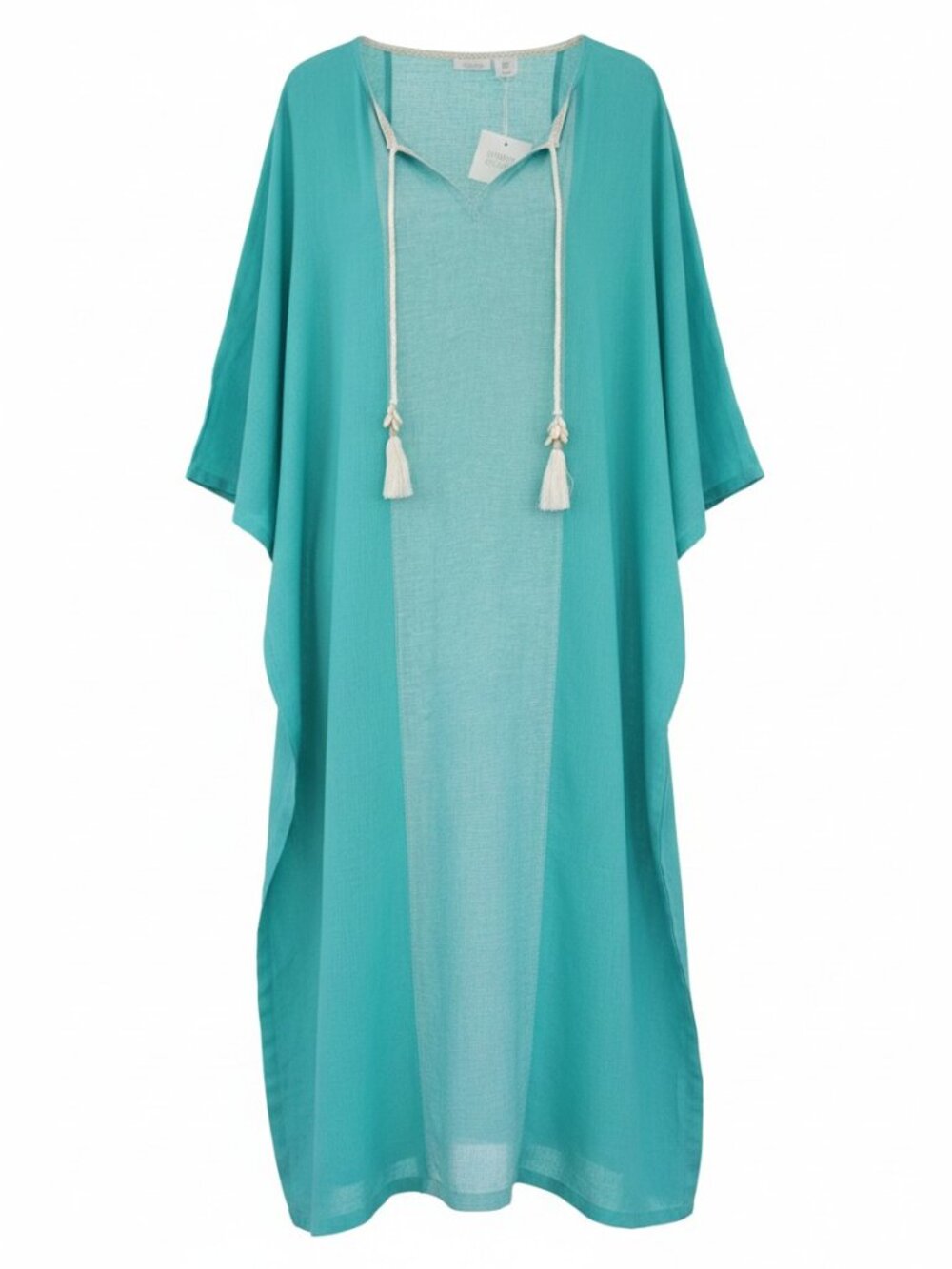 Sigrid Olsen NWT Linen Blend Kaftan Maxi Dress Aqua Teal Tassel Tie Pockets M